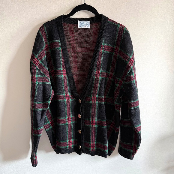 Vintage Pendleton Wool Plaid Tartan Cardigan Sweater Black 2X Holiday Festive - Picture 1 of 10